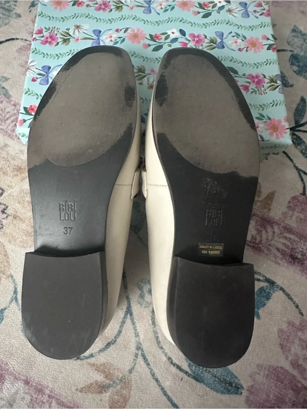 EUC - Women's Bibi Lou Cream Leather Loafers with Gold Buckle